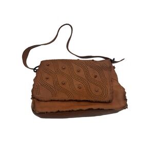 Francesco Biasia Women Handbag Brown Leather Whipstitch Flap Pocket Shoulder Bag